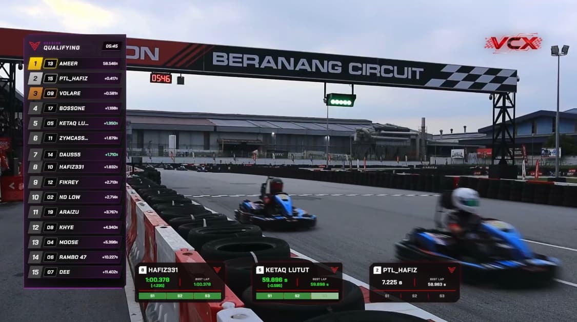 VCX race coverage at Horizon Beranang Circuit with an integrated qualifying leaderboard and racer data